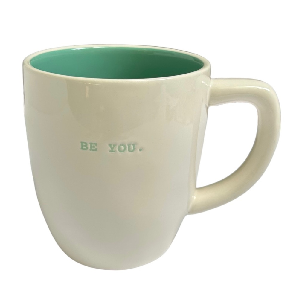 Rae Dunn BE YOU Mug Coffee Tea White with Teal Letters and Interior Dimples 2017